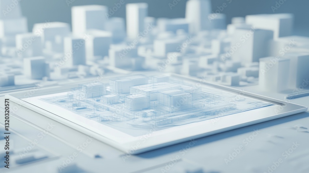 Poster blueprints of a city infrastructure project displayed alongside a digital tablet showing d rendering