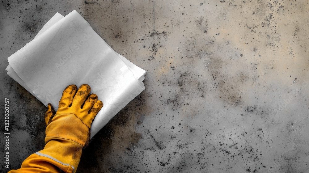 Leinwandbilder hand in safety glove examines blueprint at a bustling construction site with ample space for additio