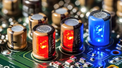 Close-up of an electronic circuit board with glowing red and blue LED indicators.