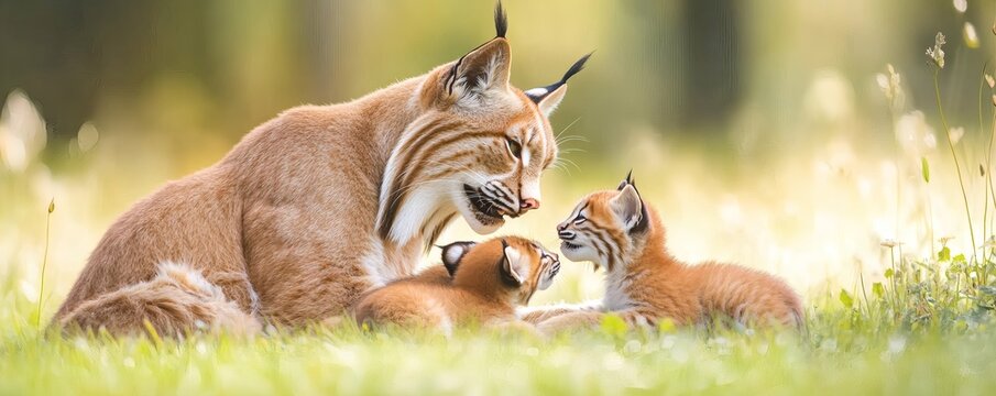 A mother bobcat resting in a field with her two adorable cubs - Powered by Adobe