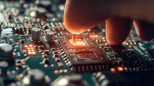 Close-up of a hand turning a potentiometer on an electronic circuit for voltage adjustment.
