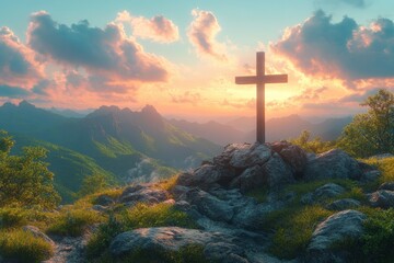 Cross on Rocky Mountain Peak at Sunset with Lush Green Mountains and Soft Sunlight