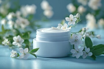 Soothing skincare cream jar with white flowers and green leaves on a pastel background
