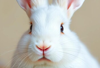 Obraz premium A pristine white bunny, delicate pink nose and inner ears, pet, close-up