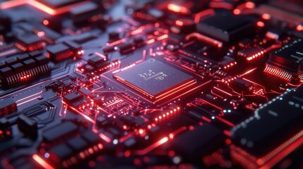 Close-up of a microchip with software-driven circuits glowing in a futuristic digital environment.