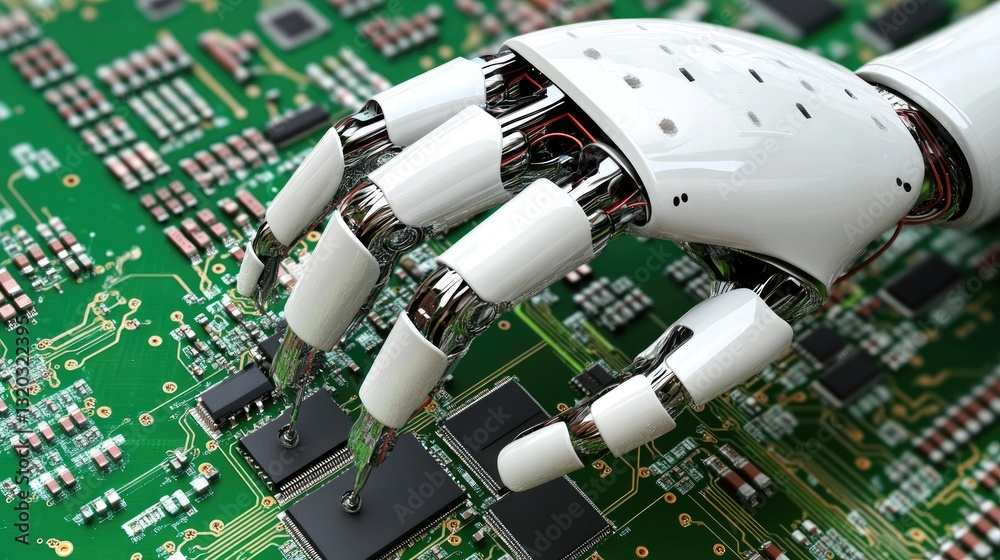 Poster close-up of a robotic hand assembling a microprocessor onto a circuit board.