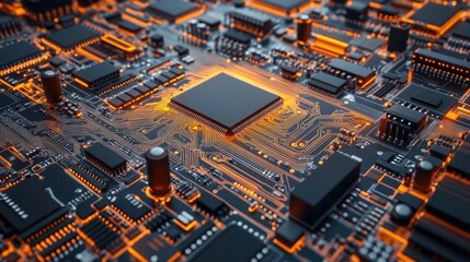 Obraz premium Close-up of a printed circuit board with integrated circuits and capacitors arranged in a high-tech design.