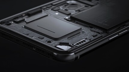 Close-up of a smartphone motherboard with exposed integrated circuits and electronic pathways.