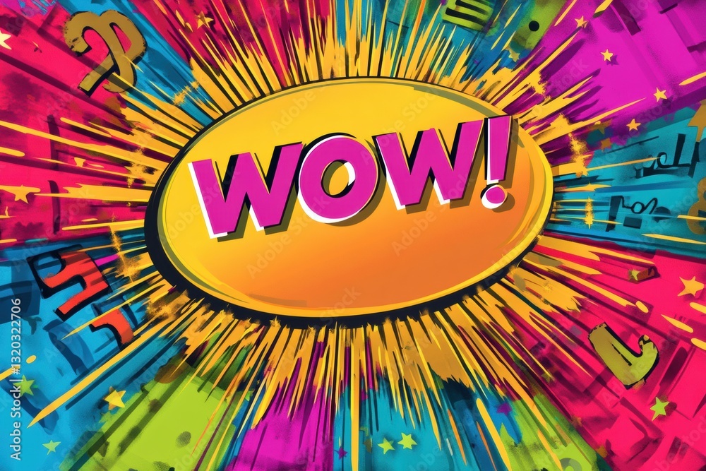 Poster bold comic style speech bubble with wow message surrounded by vibrant starburst patterns and eye cat
