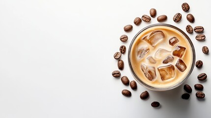 Iced coffee in glass with ice cubes and coffee beans on white. Perfect for menus, websites, or advertising refreshing summer drinks.