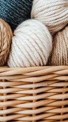 Obraz premium A close-up of various yarn balls arranged in a woven basket, showcasing soft textures and neutral colors, ideal for crafting projects.