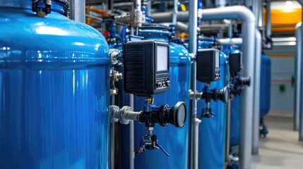 Close-up of a water treatment plant infrastructure with large filtration tanks and pipes.