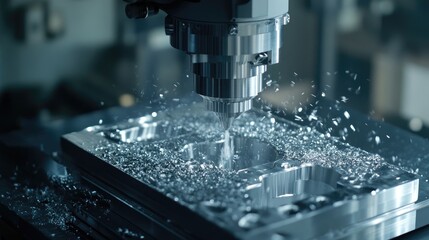 Close-up of CNC machine cutting a complex metal component, metal shavings flying in the process.