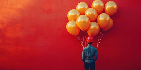 Gold Balloons with Red Construction Helmet on Vibrant Red Background for Labor Day Celebration and Building Company Anniversary