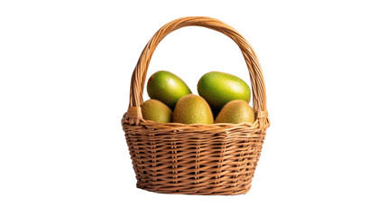 Wicker basket filled with ripe organic green pears against a clean white backdrop  The natural earthy texture of the wicker contrasts with the vibrant healthy pears   a simple