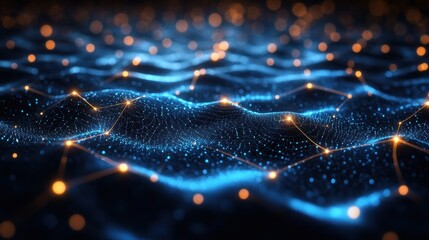 Futuristic Digital Landscape with Wireframe Network Glowing Connections and Nodes