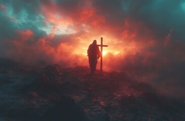 Fototapeta premium Jesus Christ Carrying the Cross on Rocky Hill at Sunset