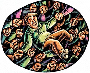 man supported by a web of hands and arms that are joined together