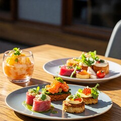 Culinary Delights: An elegant arrangement of diverse, colorful canapés and a refreshing drink on a rustic wooden table, capturing the essence of a gourmet experience.