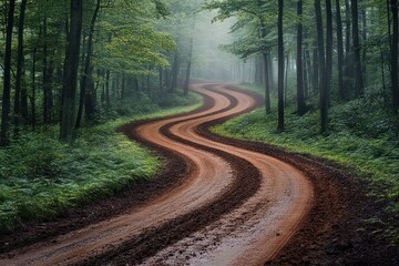 Obraz premium Winding Dirt Road in Lush Forest with Natural Light and Detailed Textures