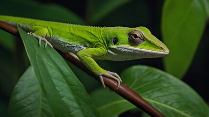 Fototapeta premium Hidden Among the Leaves: A Green Anole in the Heart of the Rainforest