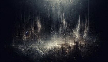 A bright explosion of light and particles against a dark, smoky backdrop with abstract blue lightning