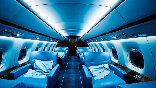 A private jet interior with blue lighting and comfortable seats, symbolizing luxury, travel, comfort, exclusivity, and success.
