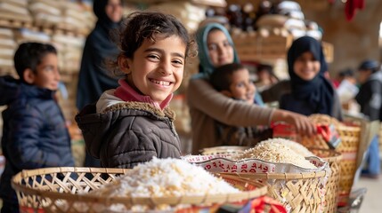 Volunteers distributing food baskets families in need filled with rice dates and essentials as children smile with gratitude in a warm festive setting