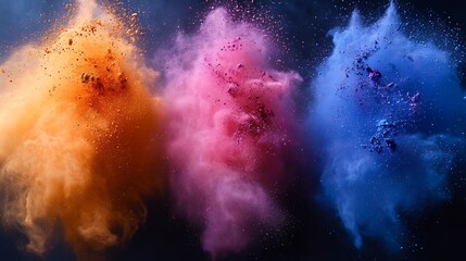 Vibrant Holi powder explosion captured slow motion with particles suspended in the air creating a sense of motion and energy