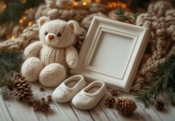 Soft Minimalist Baby Birth Frame Still Life Decoration with Baby Shoes and Teddy Bear