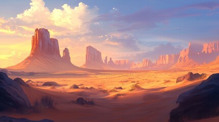 Naklejka premium Sunset over vast desert landscape with towering sandstone formations.