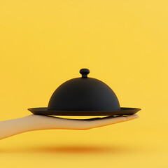 Fototapeta premium Elevated Culinary Presentation: A poised hand gracefully presents a sleek black cloche on a matching platter, set against a vibrant, warm yellow backdrop.