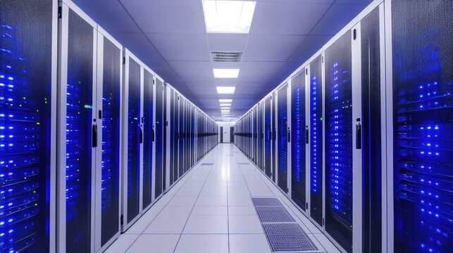 Data center with rows of servers, flashing indicator lights, and complex electrical cabling.