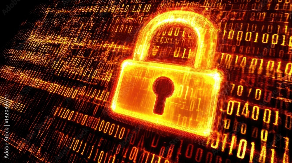 Poster data security concept with a glowing padlock symbol overlaid on a matrix of encrypted code.
