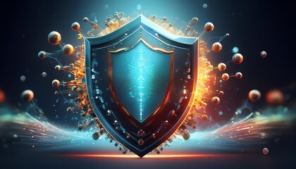 Fototapeta premium A vibrant, digital shield bursts with energy, surrounded by colorful particles, symbolizing protection and strength in a futuristic design.