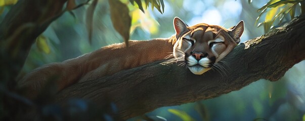 A resting mountain lion sleeps peacefully atop a sturdy tree branch