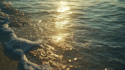 Golden sunset light reflecting on ocean waves gently lapping sandy beach.