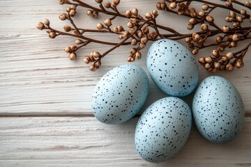 Obraz premium Easter Eggs and Willow Branches Flat Lay on White Wooden Background in Pastel Colors