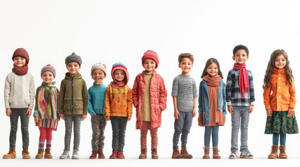 Obraz premium A diverse group of children dressed in colorful winter clothing, smiling and posing in a bright studio, showcasing various styles and accessories for a fashion catalog