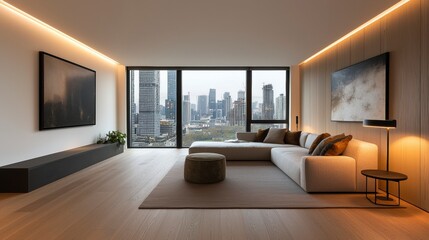 Modern loft apartment living room showcasing stunning city views and inviting design elements for urban living