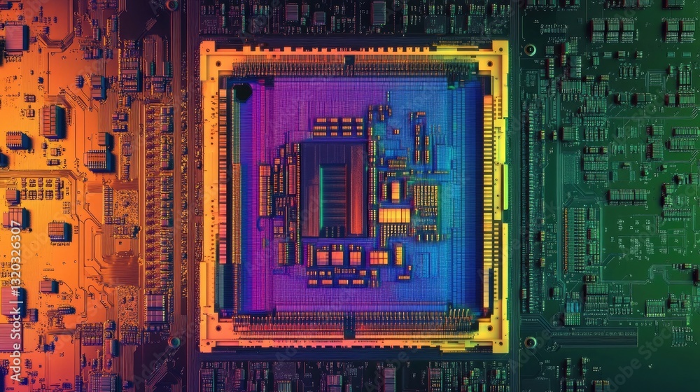 Poster digital blueprint of a next-generation cpu architecture with detailed transistor mapping.