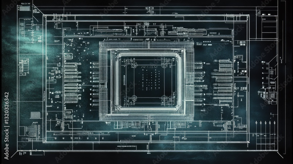 Poster digital blueprint of a next-generation cpu architecture with detailed transistor mapping.