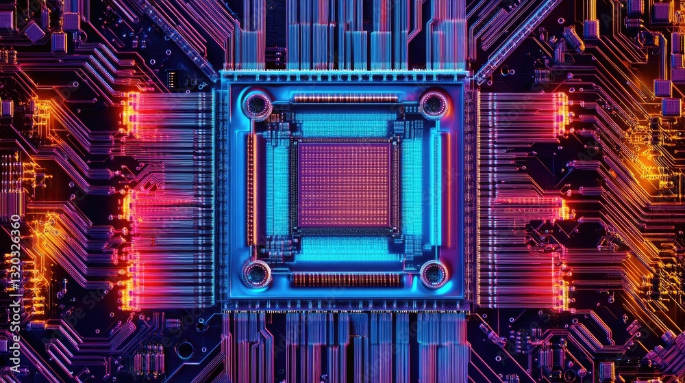 Poster digital blueprint of a next-generation cpu architecture with detailed transistor mapping.