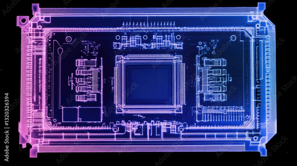 Poster digital blueprint of a next-generation cpu architecture with detailed transistor mapping.
