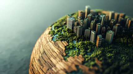 Miniature Metropolis: A miniature city stands tall on a uniquely textured globe, depicting a harmonious blend of urban architecture and natural landscapes, highlighting environmental sustainability.
