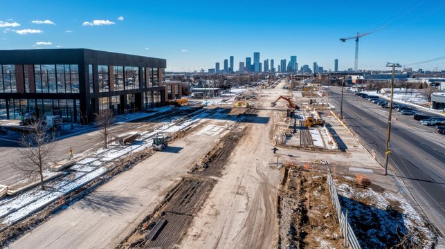 Aerial drone view of expansive urban renovation site signifying ambitious progress in city development