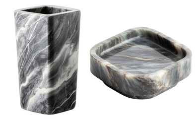 marble set square vase and tray, gray and white swirl pattern, isolated on white background