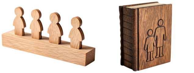 leadership community figure wooden concept. Wooden figures and book, symbolizing family and community concepts.