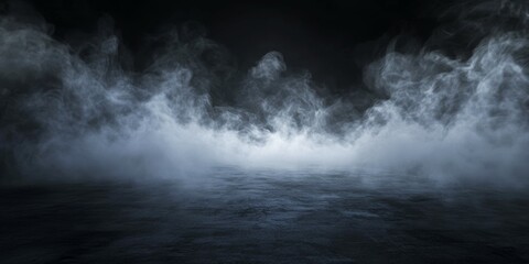 Fototapeta premium Dark Foggy Scene with Thick Mist Over a Reflective Surface in a Mysterious Atmosphere
