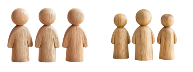 leadership community figure wooden concept. Wooden figures in two groups on a black background.